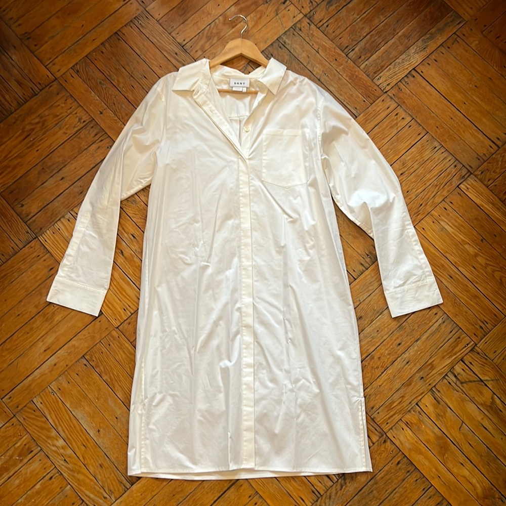 DKNY White Long Sleeve Button Down Shirtdress NWOT Large